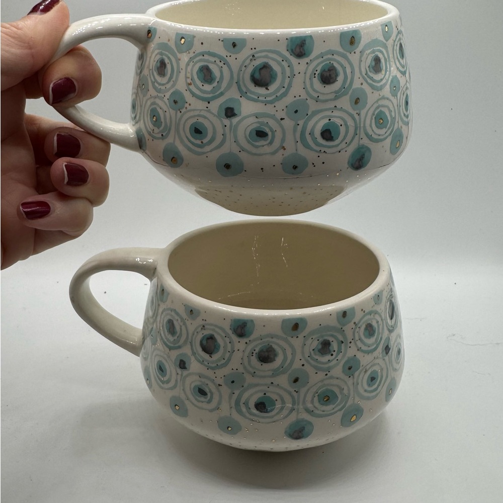 🆕 ANTHRO ✨ s2 gold teal oleanna hand painted pottery ceramic coffee cups mugs